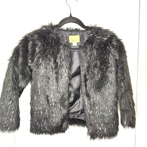 Vintage Roebuck & Co. Sears Girl's Black Faux Fur Jacket With Silver Sma…